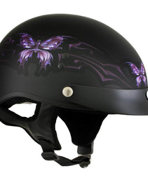 Hot Leathers HLT70 'Purple Butterfly' Flat Black Advanced DOT Motorcycle Half Face Biker Helmet