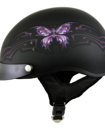 Hot Leathers HLT70 'Purple Butterfly' Flat Black Advanced DOT Motorcycle Half Face Biker Helmet