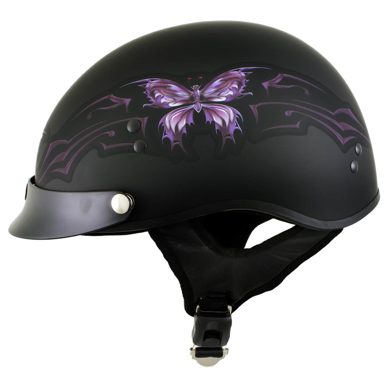 Hot Leathers HLT70 Purple Butterfly Flat Black Advanced DOT Motorcycle Half Face Biker Helmet