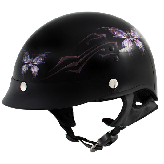 Hot Leathers HLT70 Purple Butterfly Glossy Black DOT Motorcycle Half Face Biker Helmet