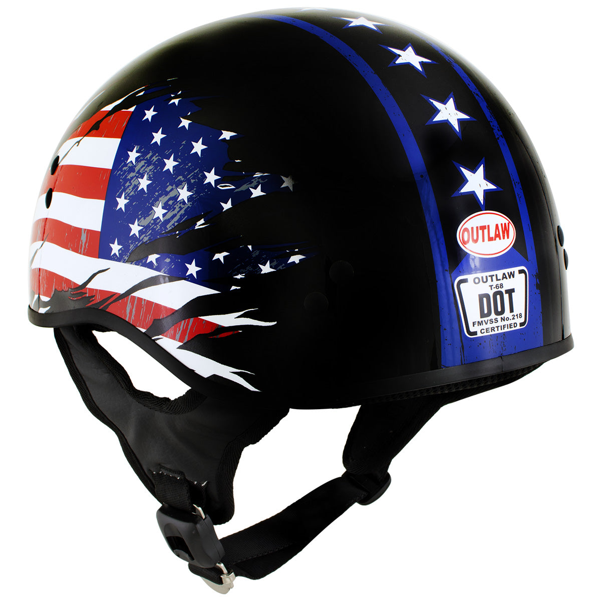 Outlaw T68 'Stars and Stripes' Advanced DOT Black Glossy Motorcycle Skull Cap Half Helmet