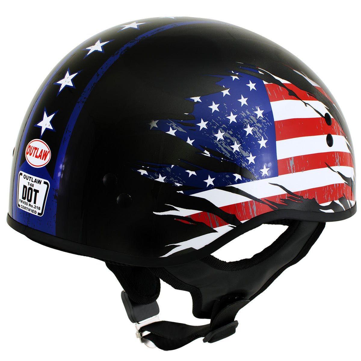 Outlaw T68 'Stars and Stripes' Advanced DOT Black Glossy Motorcycle Skull Cap Half Helmet