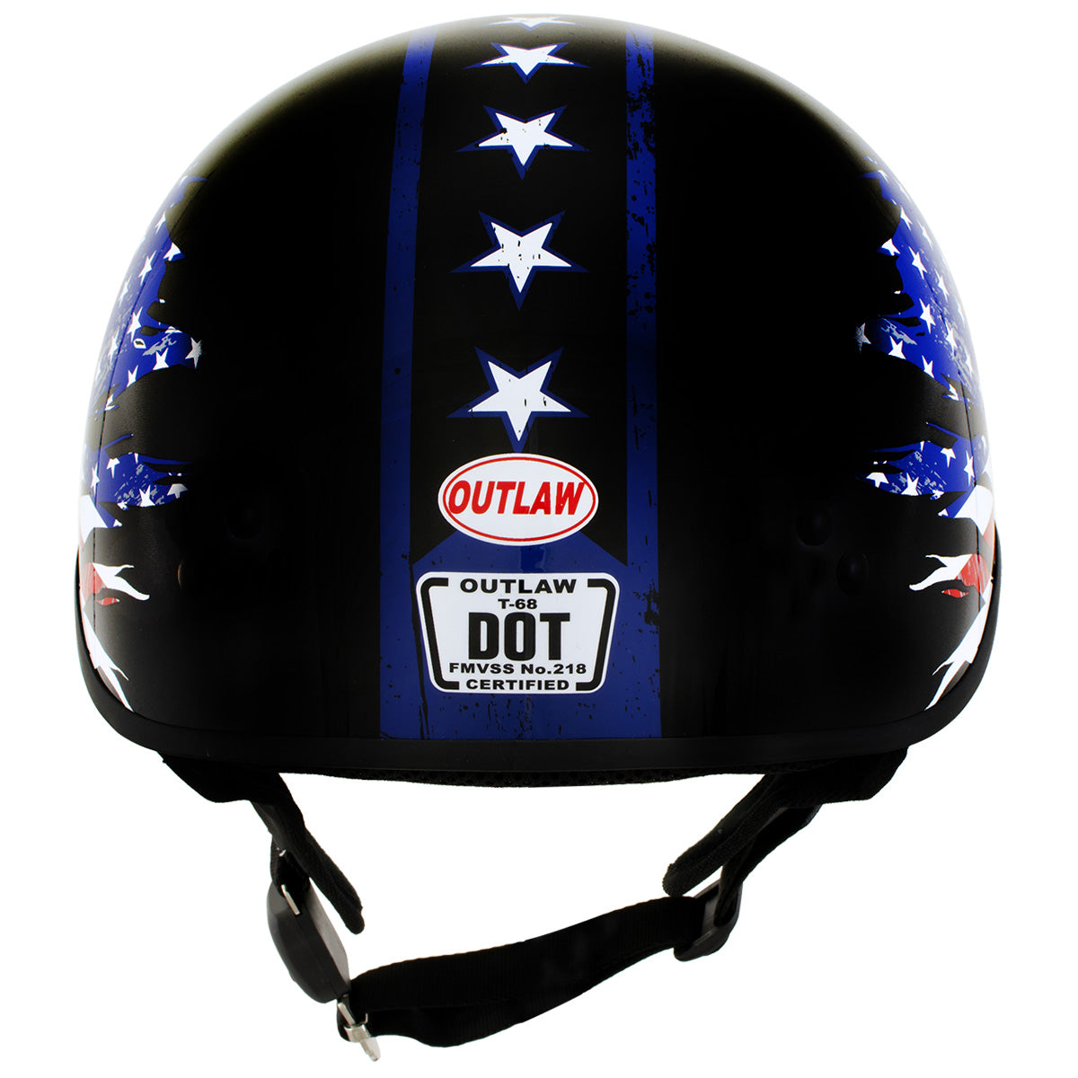 Outlaw T68 'Stars and Stripes' Advanced DOT Black Glossy Motorcycle Skull Cap Half Helmet