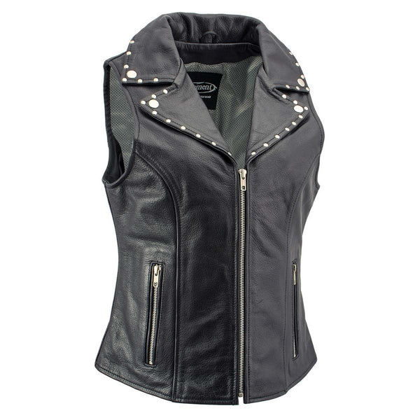 Xelement Gold XS24007 Women's 'Tara' Black Leather Motorcycle Rider 2 in 1  Hoodie Jacket with Convertible Vest