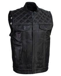 Xelement Men's Black Leather Motorcycle Vest Stars and Stripes Design with USA Flag Liner XS13003