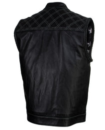 Xelement Men's Black Leather Motorcycle Vest Stars and Stripes Design with USA Flag Liner XS13003