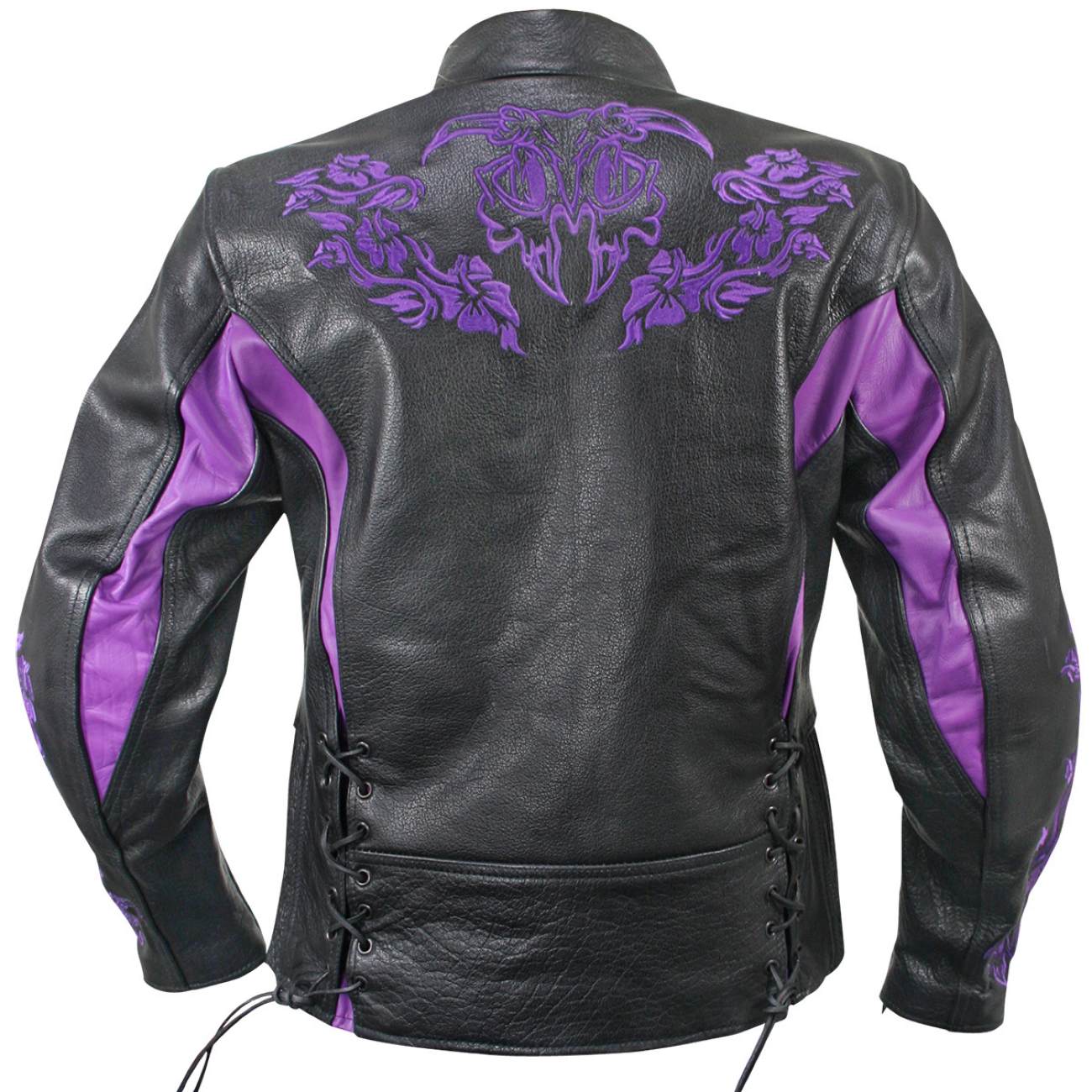 Xelement XS2027 Women s Gemma Biker Black and Purple Leather Embroidered Jacket with X Armor Protection