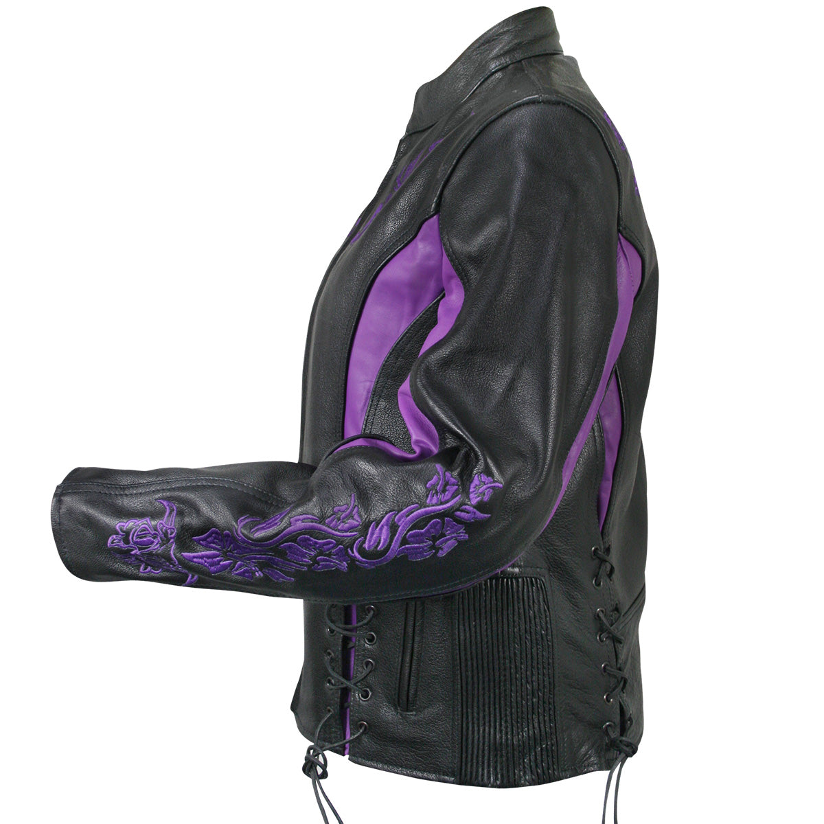 Xelement XS2027 Women s Gemma Biker Black and Purple Leather Embroidered Jacket with X Armor Protection