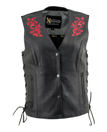 Xelement XS24006 Women's ‘Gemma’ Black and Red Motorcycle Rider Leather Vest with Side Laces