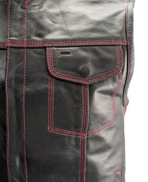 Xelement XS3449 Men's 'Paisley' Black Leather Motorcycle Biker Rider Vest with Red Stitching