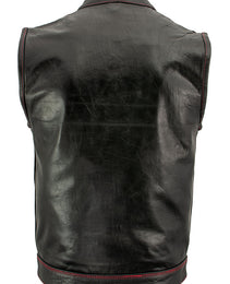 Xelement XS3449 Men's 'Paisley' Black Leather Motorcycle Biker Rider Vest with Red Stitching