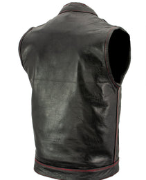 Xelement XS3449 Men's 'Paisley' Black Leather Motorcycle Biker Rider Vest with Red Stitching