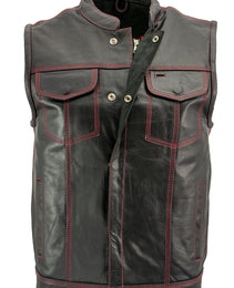 Xelement XS3449 Men's 'Paisley' Black Leather Motorcycle Biker Rider Vest with Red Stitching