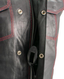 Xelement XS3449 Men's 'Paisley' Black Leather Motorcycle Biker Rider Vest with Red Stitching