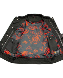 Xelement XS3449 Men's 'Paisley' Black Leather Motorcycle Biker Rider Vest with Red Stitching