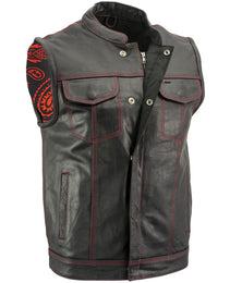 Xelement XS3449 Men's 'Paisley' Black Leather Motorcycle Biker Rider Vest with Red Stitching