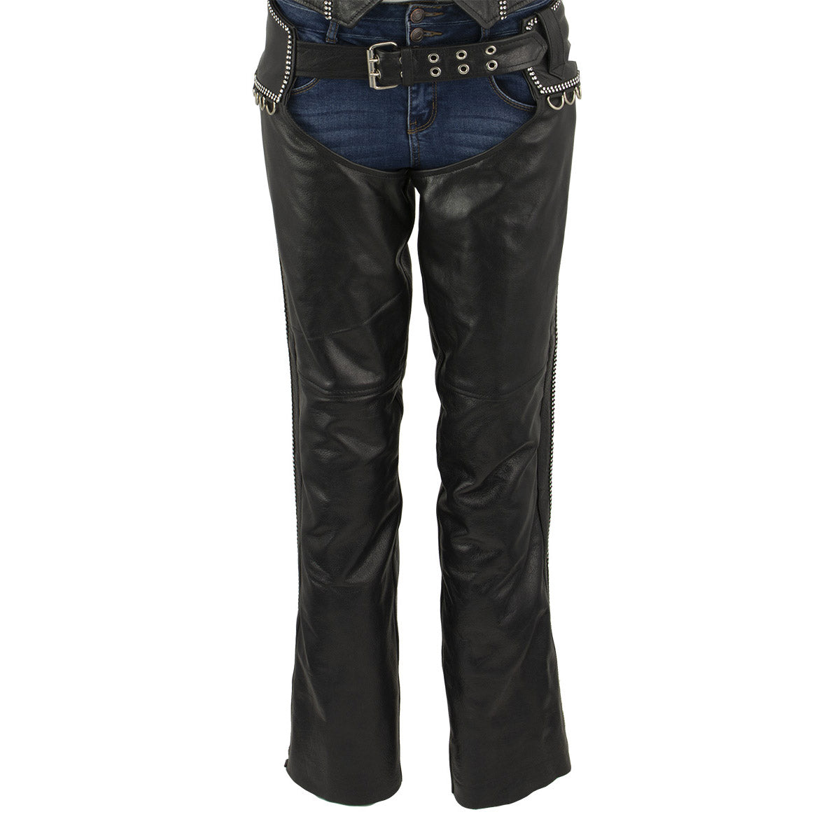 Milwaukee Leather LKL6706 Women's Classic Black Leather Motorcycle Biker Rider Chaps w/ Bling Detail